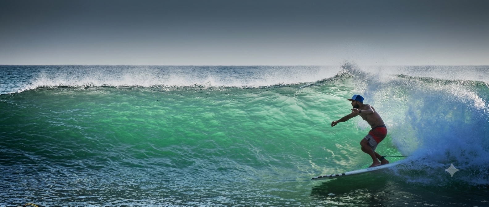 A surfer carving a clean green wave at Playa Grande, Costa Rica